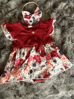 Red Floral Baby Girl Dress Matching Bow Headband Size 80